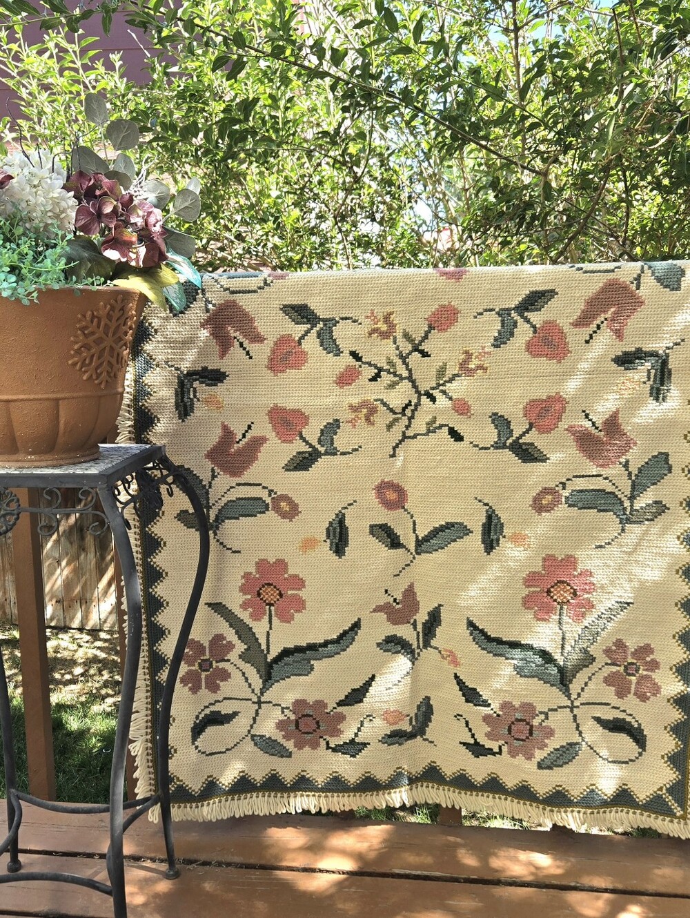 Handknitted Floral Tapestry Pink & Green Fringed Shabby Cottagecore Coquette